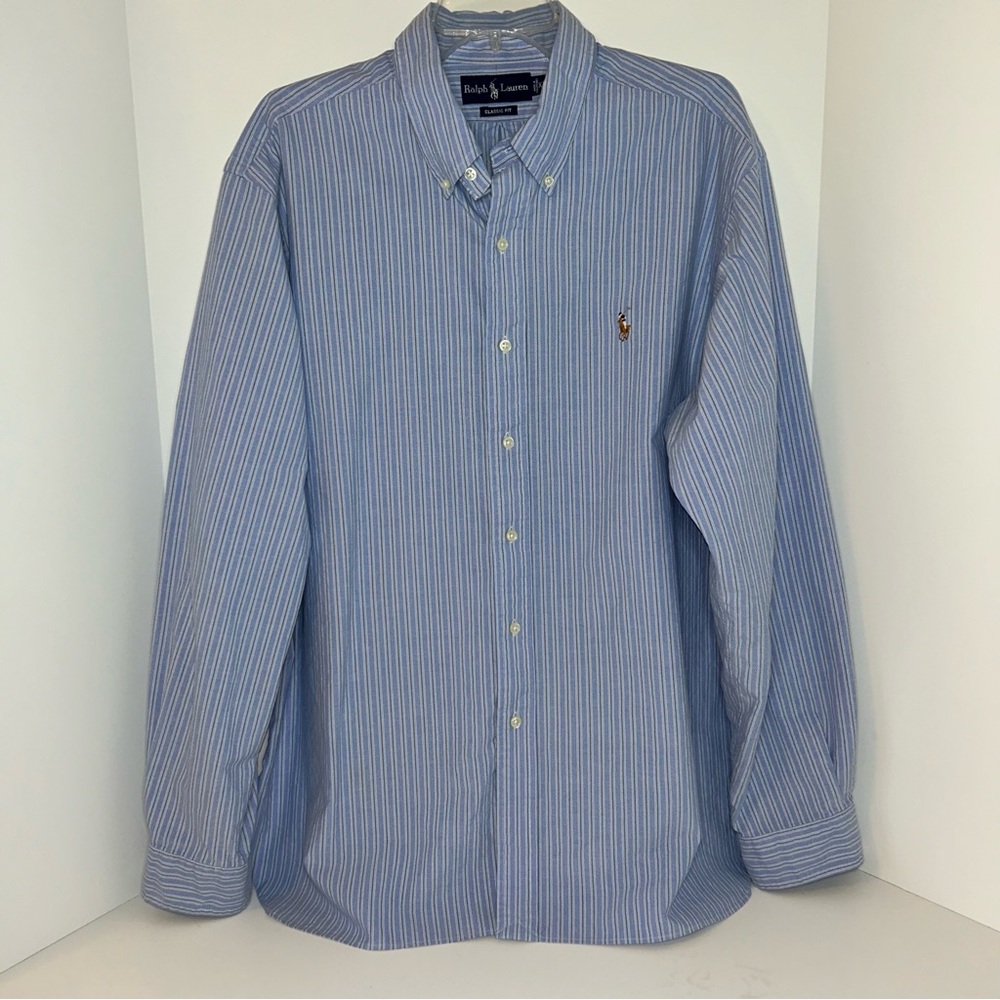 Ralph Lauren mens Classic Fit blue stripe long sleeve 100% cotton shirt size XXL